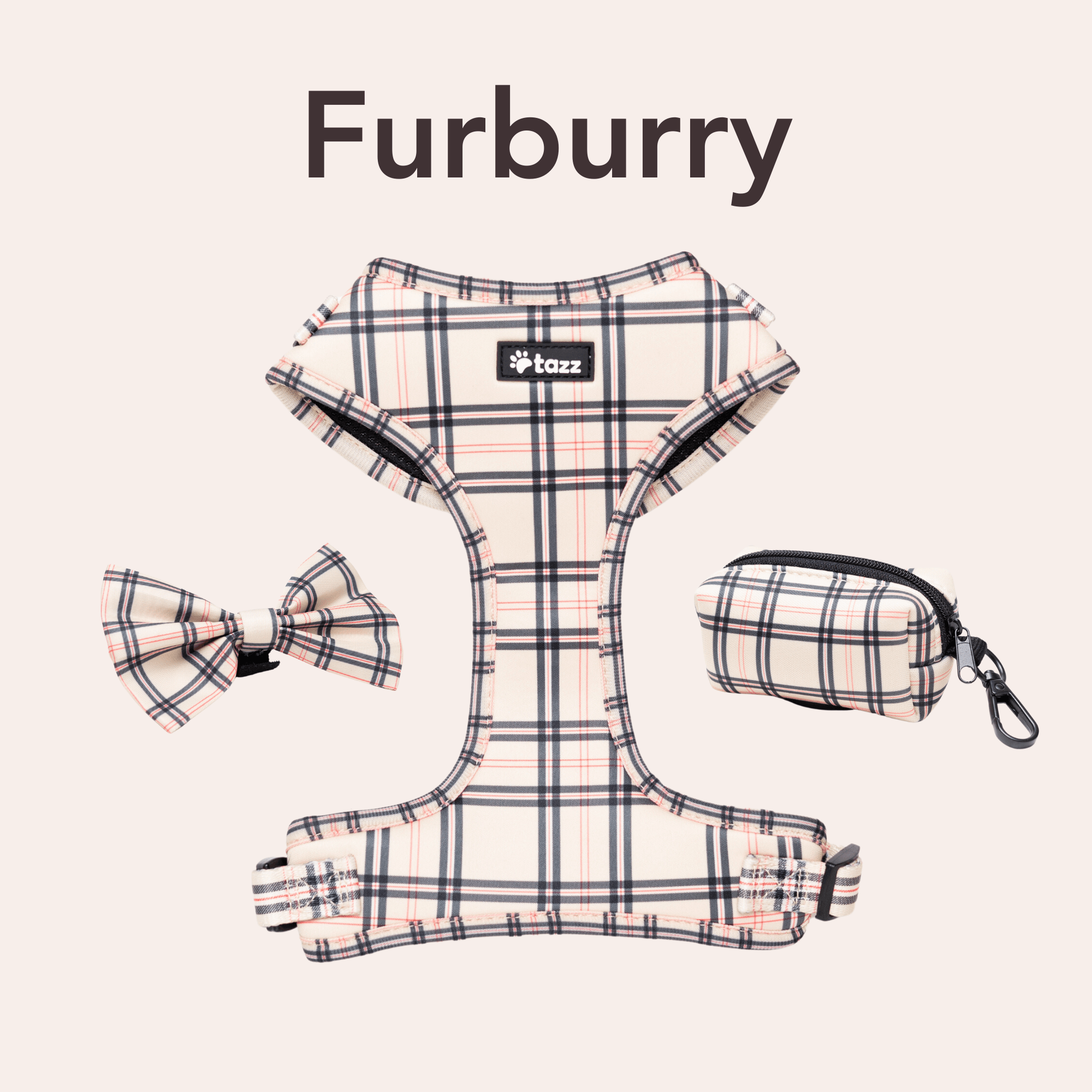 Hundsele, fluga och bajspåsehållare i Furburry mönster